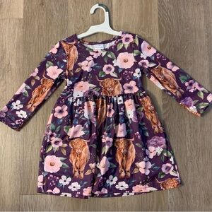 Boutique Girl's Size 3-4 Yrs Purple Floral Long Sleeve Dress With Brown Bulls
